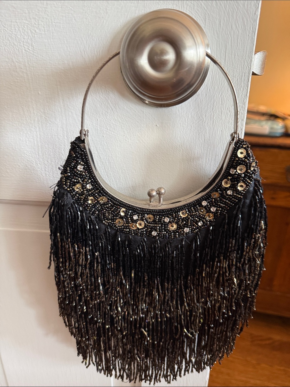 Black Beaded Fringe Evening Clutch with Metallic Accents